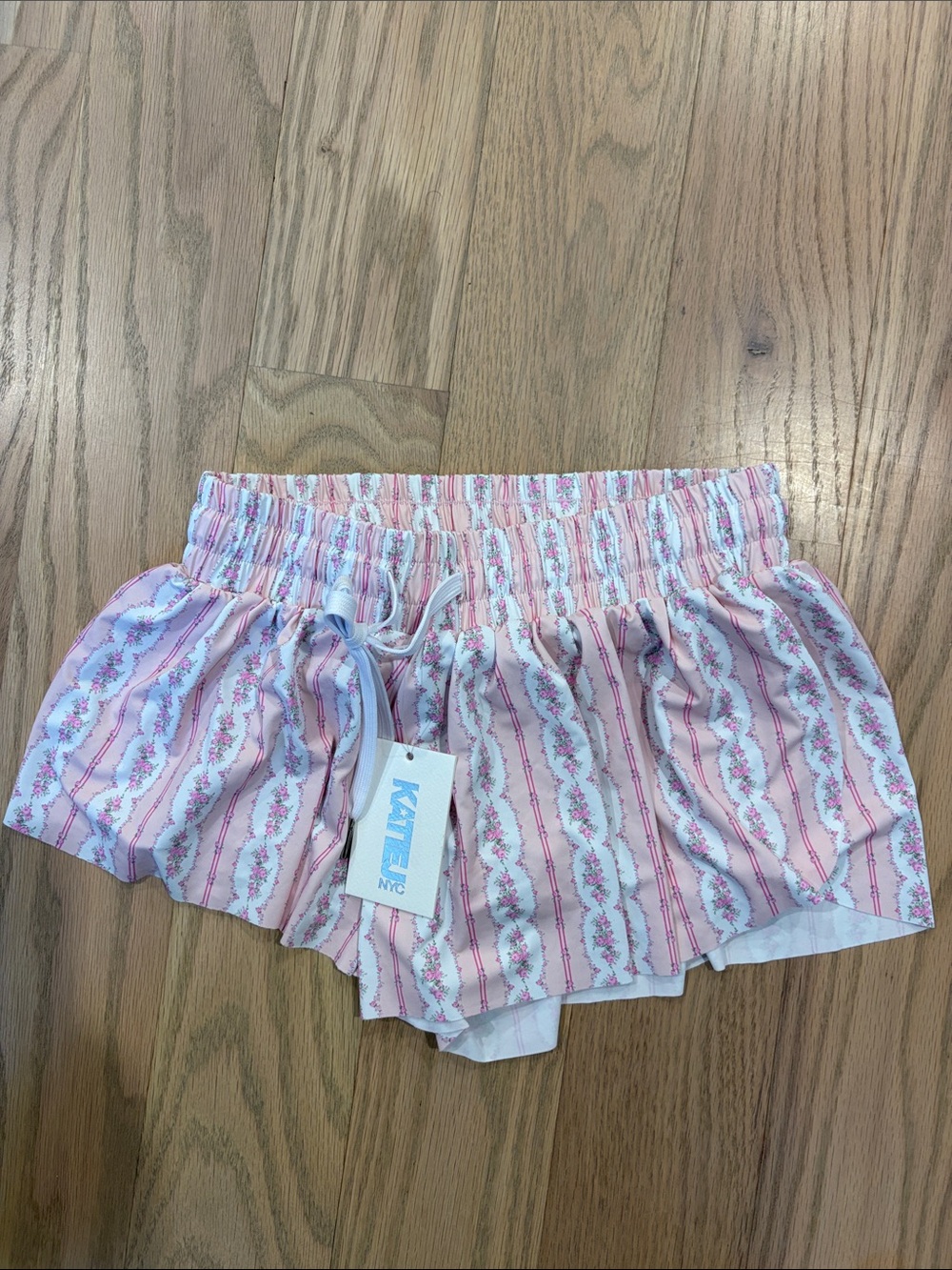 Katie J NYC Pink Floral Satin Pajama Shorts with White Drawstring